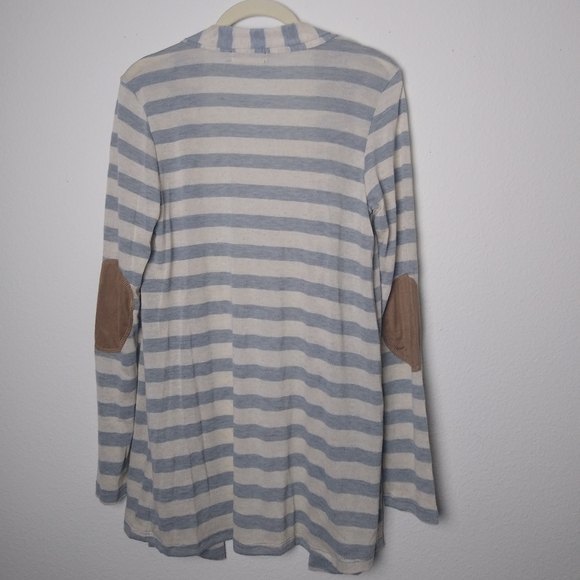 ALWAYS ME' Linen Blend Blue Striped Drape Front Elbow Patch Medium Cardigan - Picture 3 of 8